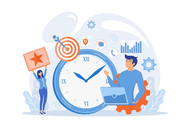 Businessman trying to accomplish tasks and goals on time and big clock and computer. Time management