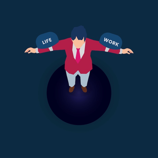 Vector businessman trying to balance on life and work on a big ball design vector illustration