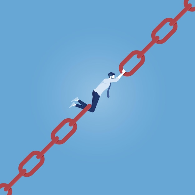 Vector businessman trying to hold broken chain together, link chain together concept