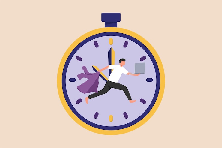 Vector businessman trying to rush to finish work in aggressive deadline timer concept vector illustration