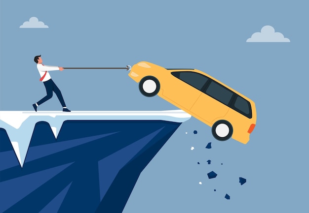 Businessman trying to save his car illustration