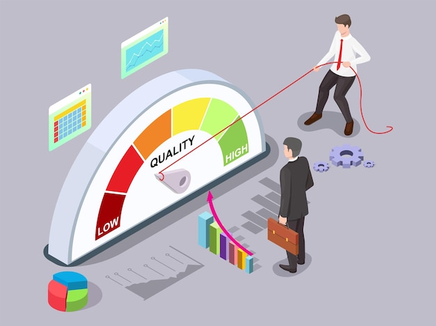 Businessman turning quality meter arrow with rope, vector isometric illustration. quality management, improvement.