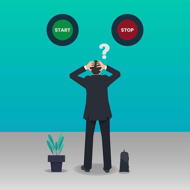 Businessman between two options Start and Stop button vector illustration