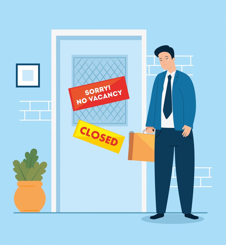 Vector businessman unemployed crying for closed company