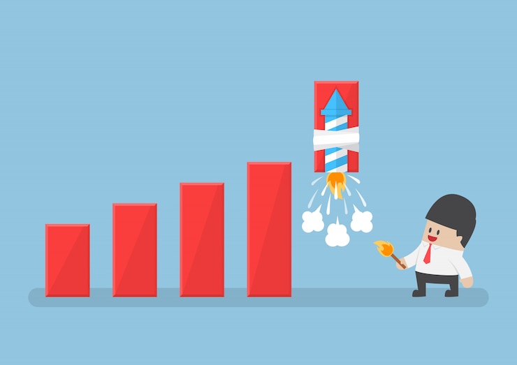 Vector businessman use rocket fireworks to increase profit graph