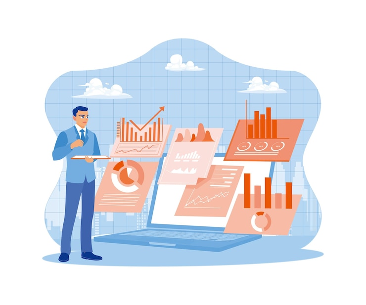 Vector businessman uses a laptop and digital tablet with financial reports big data technology