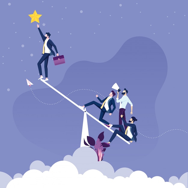 Businessman uses a seesaw to get a stars. Teamwork concept