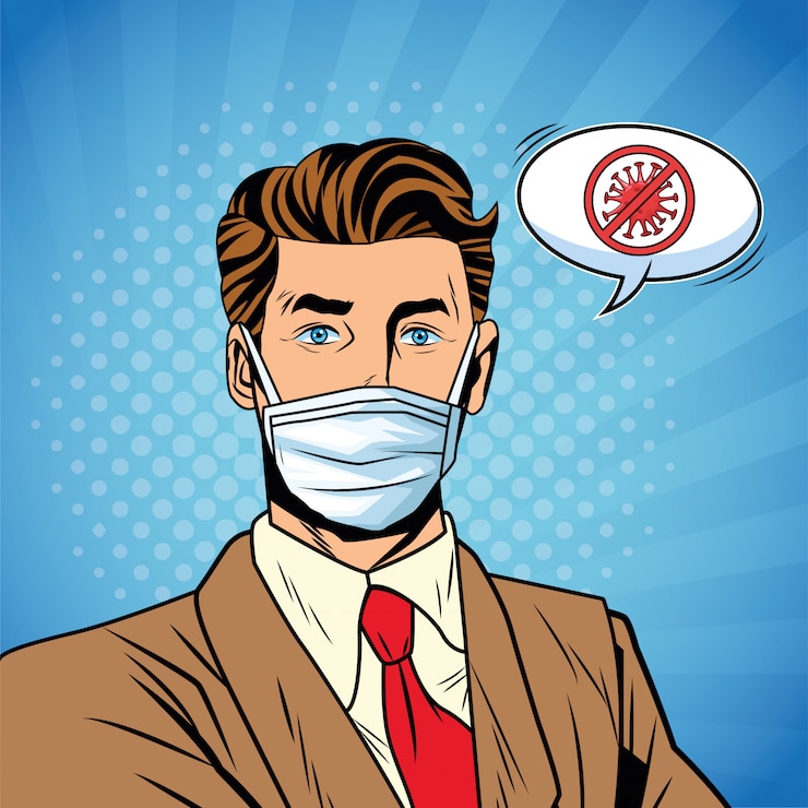 Vector businessman using face mask and stop covid19 message pop art style