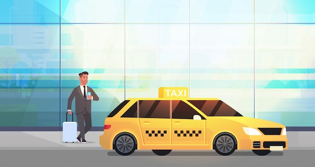 Vector businessman using mobile app ordering taxi on street business man in formal wear with luggage near yellow cab city transportation service