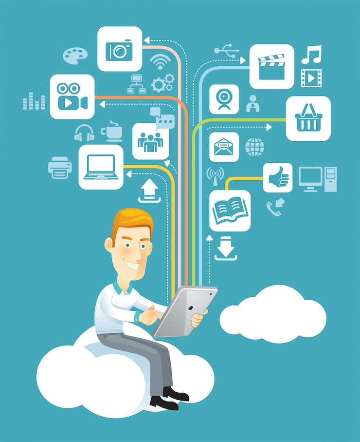 Vector businessman using a tablet sitting on a cloud with social media