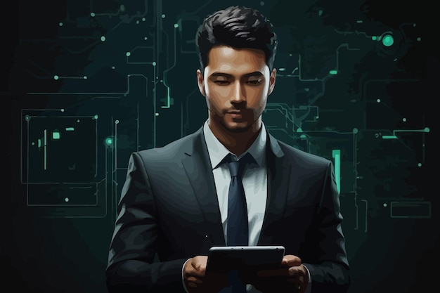 Vettore imprenditore che utilizza un tablet nello stile di una testa umana digitale e un'illustrazione della tecnologia dell'intelligenza artificiale