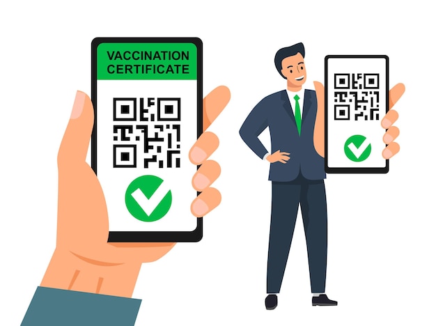 Vector businessman vaccinated showing smartphone with qr code passport. digital health certificate