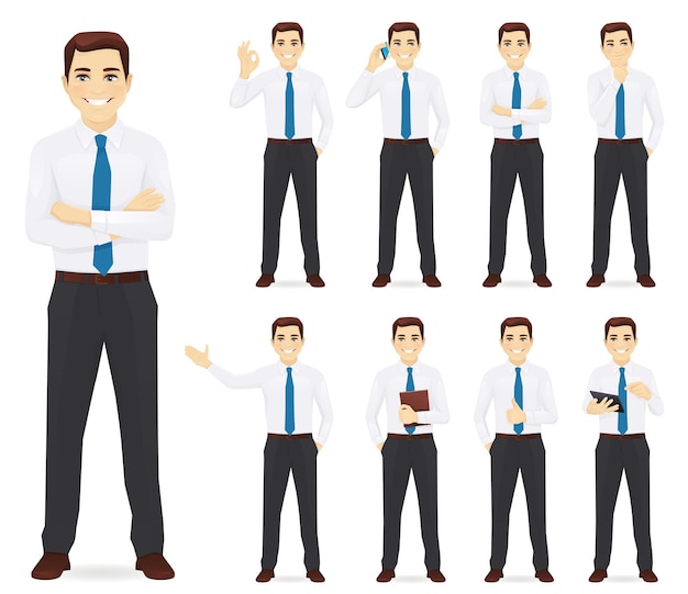 Businessman vector with blue tie illustration set isolated