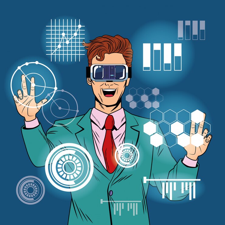 Vector businessman virtual reality pop art cartoon