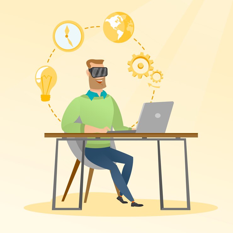 Vector businessman in vr headset working on a computer