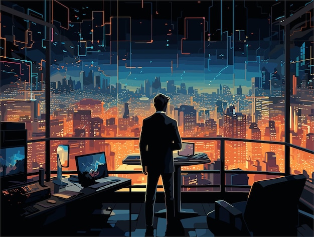 Vector businessman waching the city