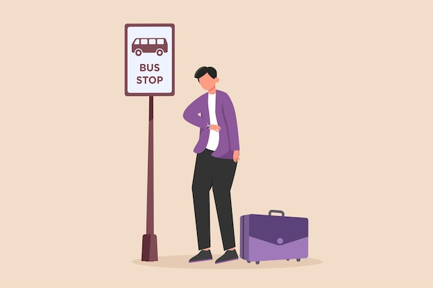 Businessman waiting the bus coming for work while looking his hand watch Timer concept Vector illustration