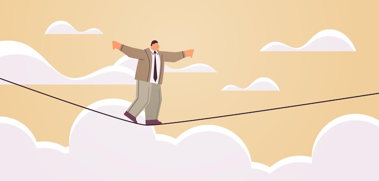 Vector businessman walking on balancing tight rope risk challenge help in business concept horizontal full length