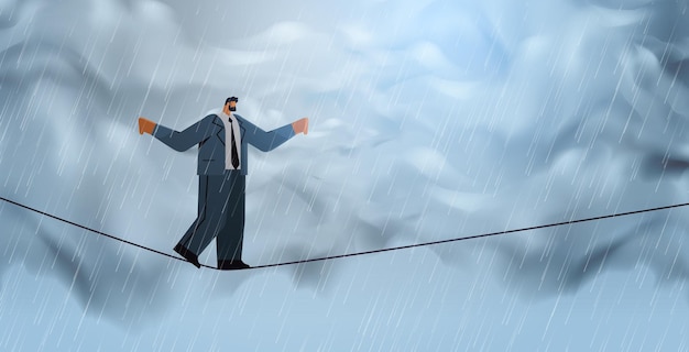 Businessman walking on balancing tight rope risk challenge help in business concept horizontal