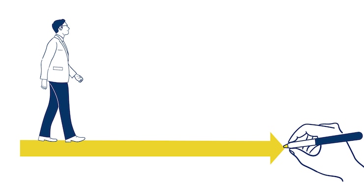 Vector businessman walking forward an arrow.