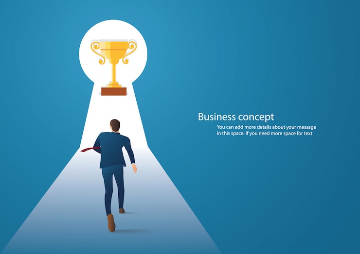 Vector businessman walking into the trophy in keyhole