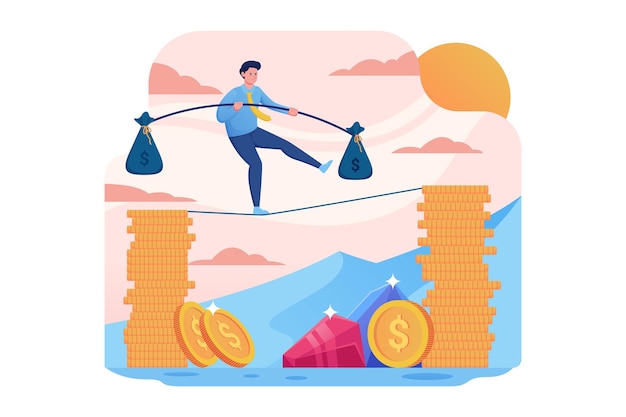 Businessman walking on money bag balancing rope vector illustration