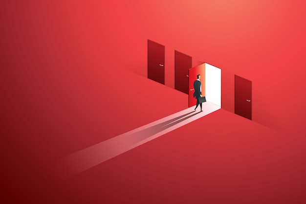 Vector businessman walking open door of choice path to goal success on wall red. illustration