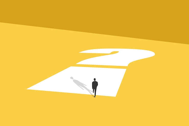 Vector businessman walking on question mark concept of business future uncertainty challenge opportunity