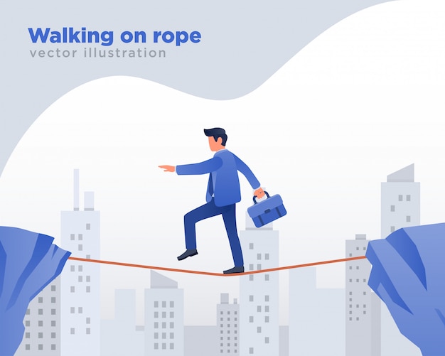 Vector businessman walking on rope, challenge illustration
