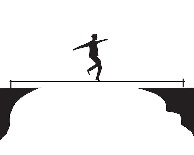 Businessman walking on rope. risk challenge in business concept