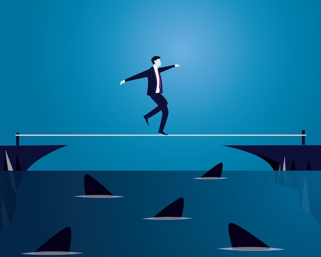 Vector businessman walking on rope. risk challenge in business concept