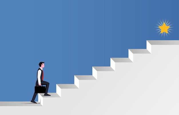 Vector businessman walking the stair for success symbol.