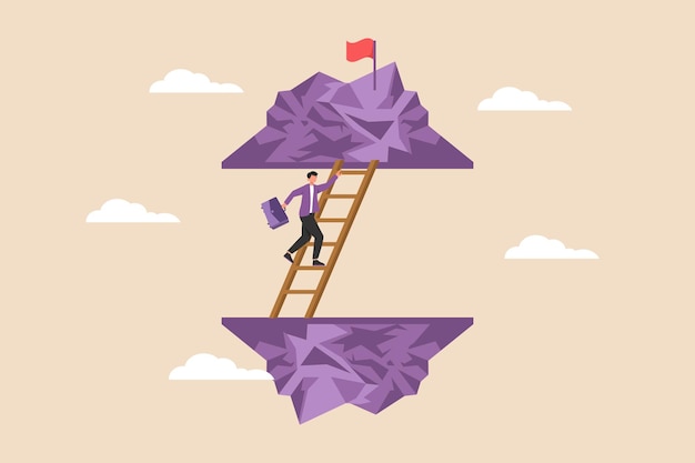 Businessman walking on stairs to get to target flag on mountain Business success concept Colored flat vector illustration isolated
