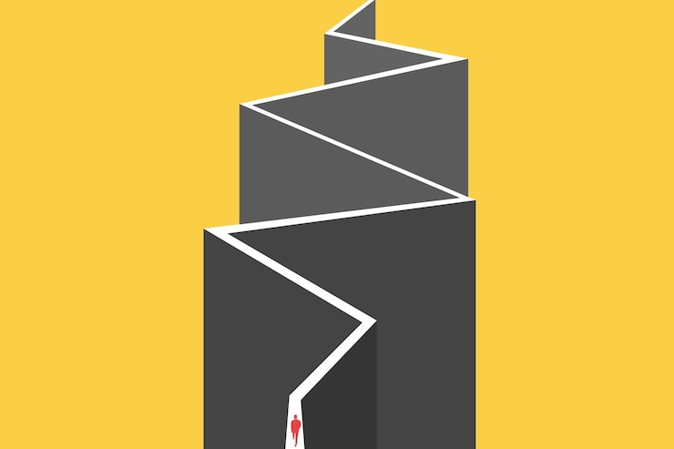Vector businessman walking on surreal wall hope success and ambition concept