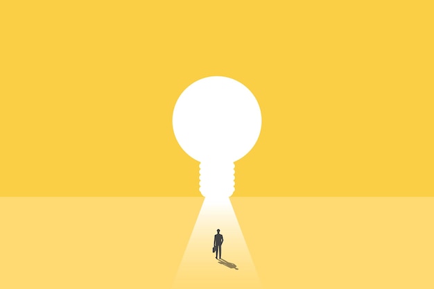 Vector businessman walking through lightbulb shape door creative concept