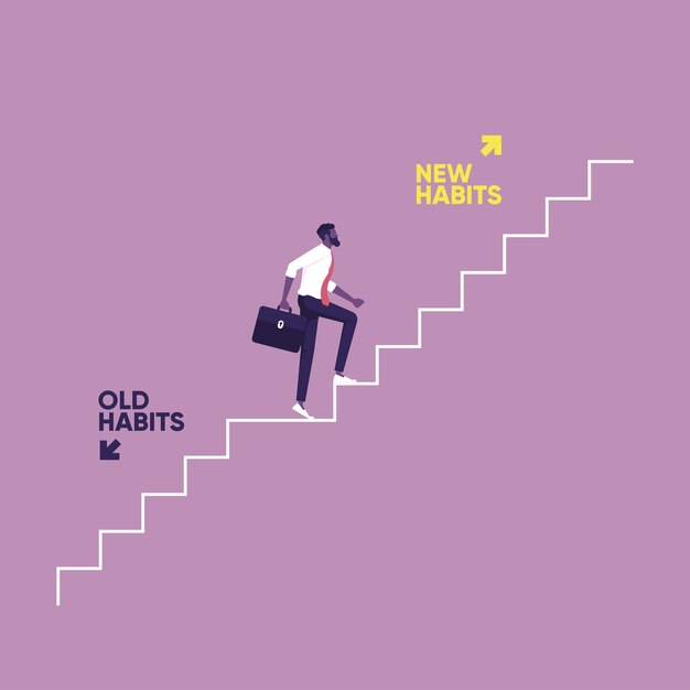 Businessman walking up stair to new habits way old habits and new habits choice