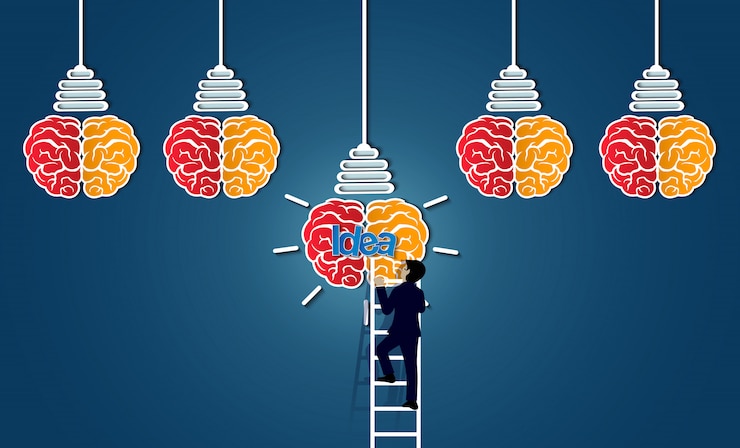 Vector businessman walking up on staircase go to brain icon light bulb, 