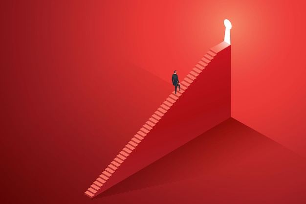 Businessman walking up stairs to keyhole door shining on big red wall