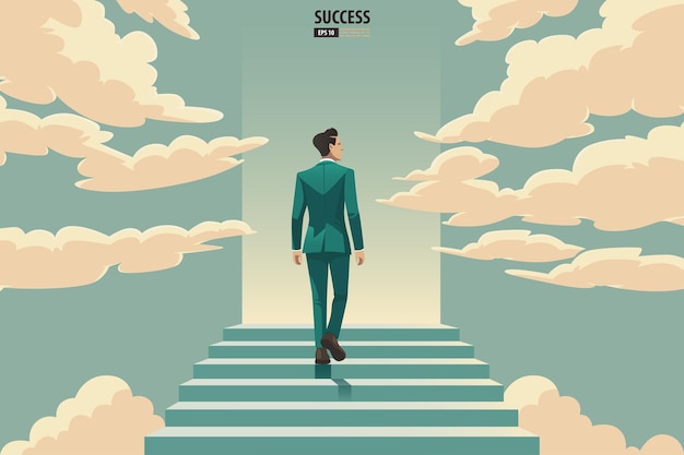 Vector businessman walking up and stepping the stair to success and goal achievement vector illustration