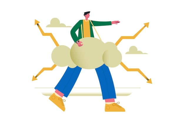 Businessman Walking with Clouds Full of Directions