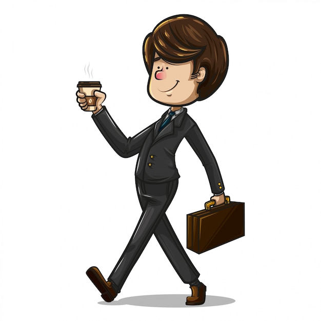 Vector businessman walking with his briefcase and a cup of coffee