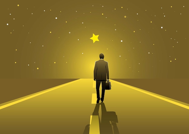 Businessman walks on the boundless road to the bright star