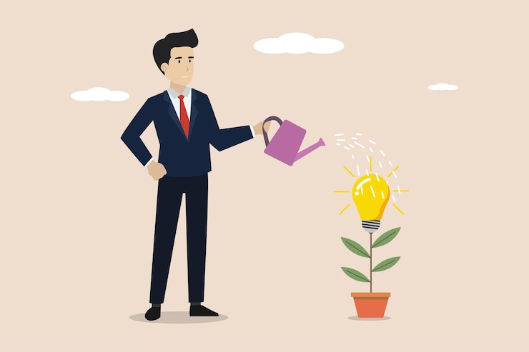 वेक्टर businessman watering idea plant illustration of a businessman who takes good care of plants
