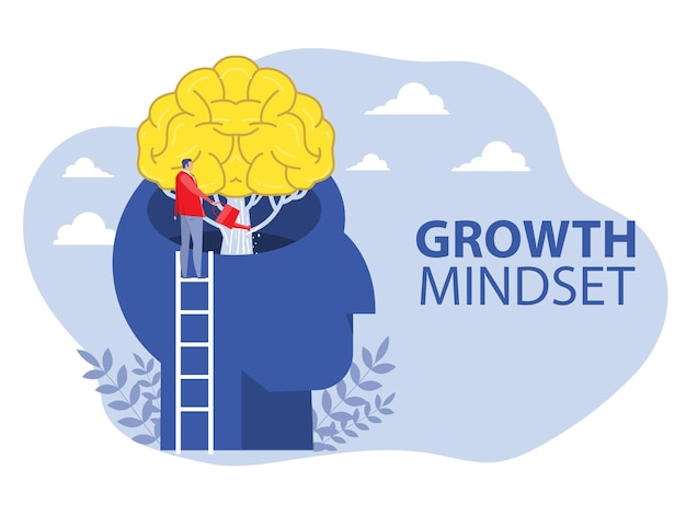 Businessman watering plants with big brain growth mindset concept vector