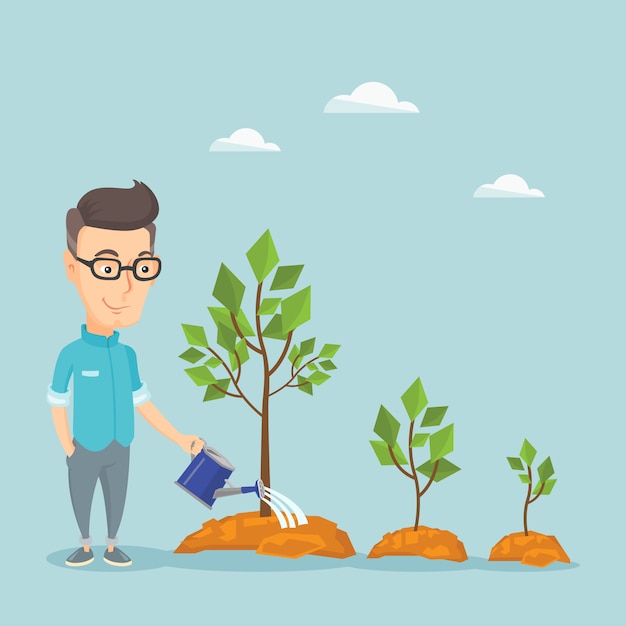 businessman watering trees illustration.