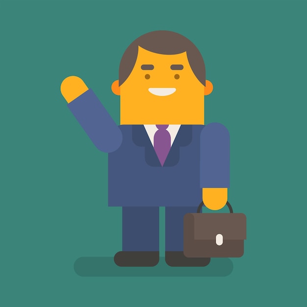 Businessman waving hand holding suitcase and smiling. Vector character. Vector illustration