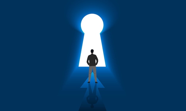 Businessman wbusinessman standing in front of the white door to success Shows the success yhole