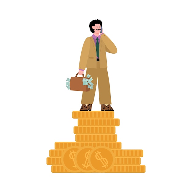 Businessman or wealthy class representative standing on coins vector isolated