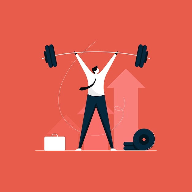 Vector businessman weight lifting, easily and successfully handling hurdles