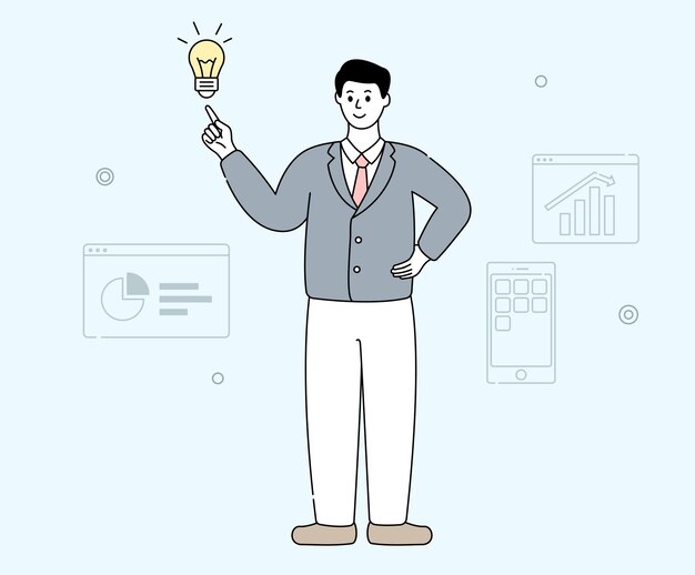 бизнесмен, который указывает на иллюстрацию лампочки, набор диаграмм, идея веб-приложения, векторный рисунок